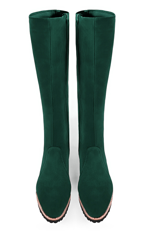 Forest green women's riding knee-high boots. Round toe. Flat rubber soles. Made to measure. Top view - Florence KOOIJMAN